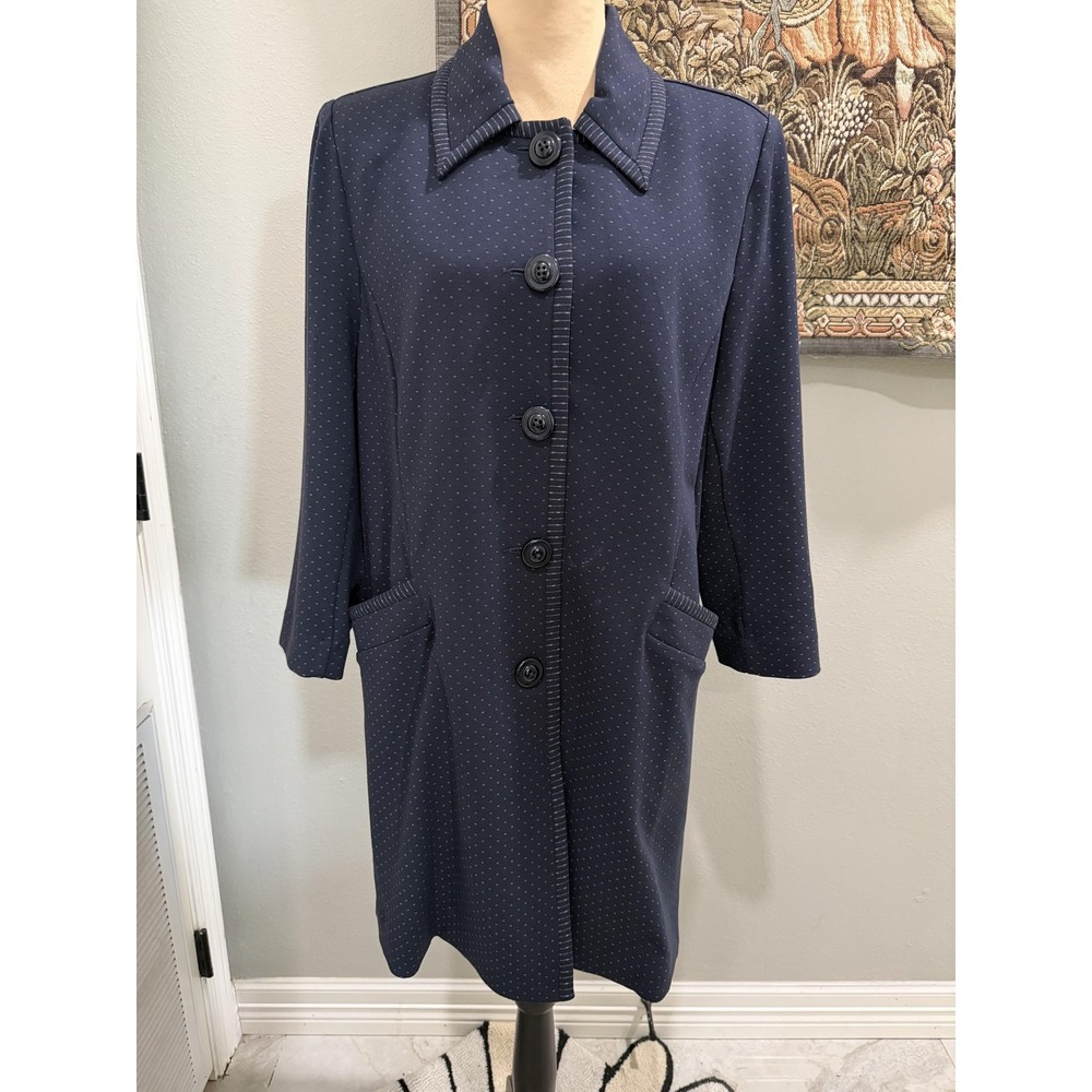 CAbi Coat Womens Large Blue Polka Dot Button Front Knit 3/4 Sleeve Mid Length